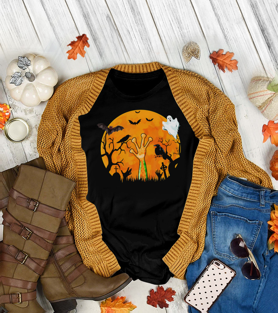 Zombie Frog Hand Rising in Spooky Halloween Graveyard with Moon, Ghost, Bats, and Ravens T-Shirt