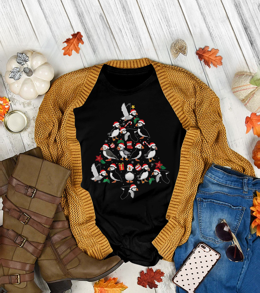 Funny Puffin Bird Christmas Tree with Santa Hats and Candy Canes T-Shirt