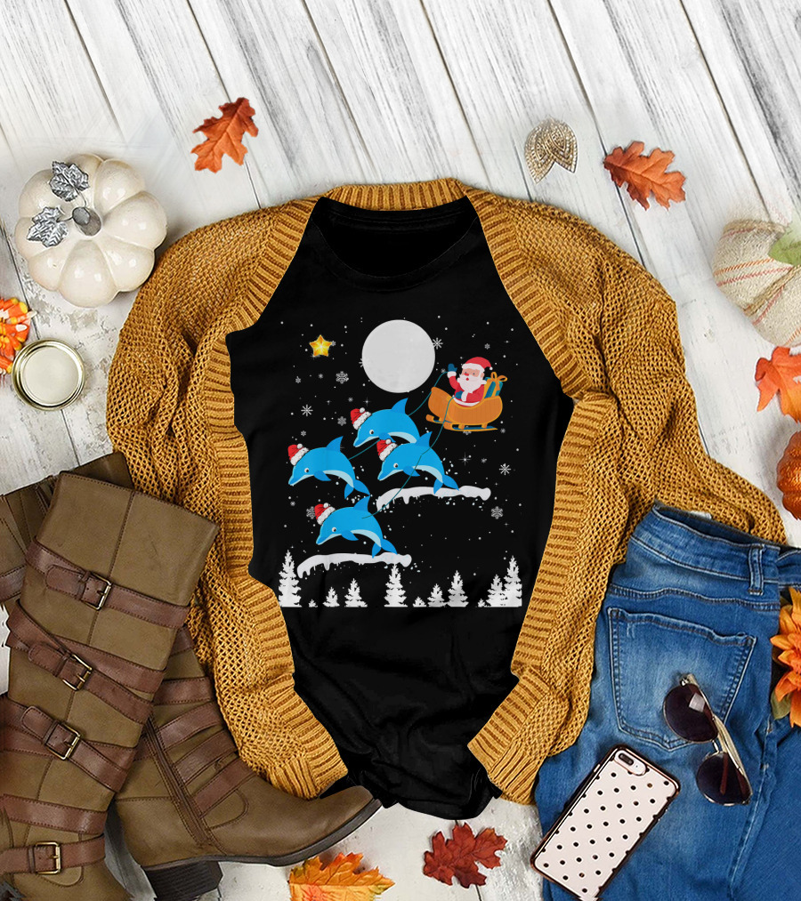Santa Dolphin Reindeer Sleigh Under Full Moon T-Shirt