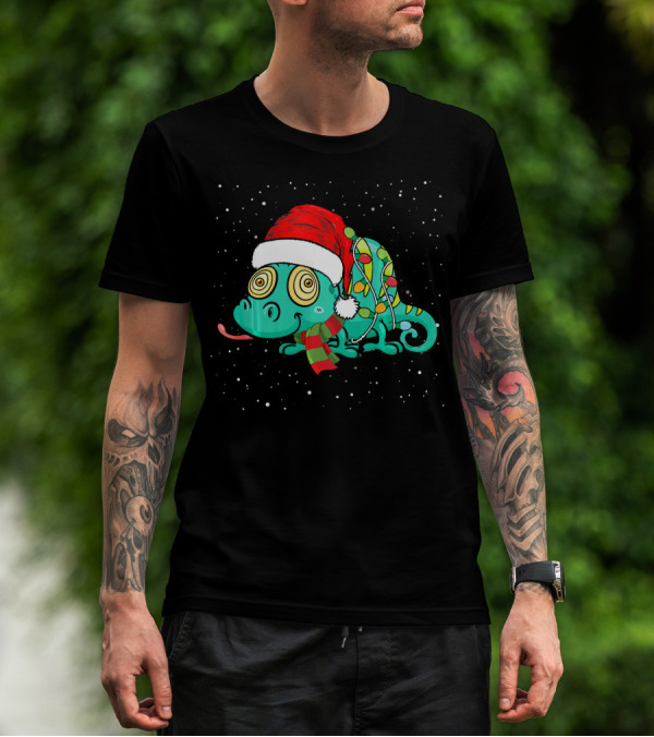 Funny Iguana Christmas Santa Hat With Bright Festive Lights T-Shirt