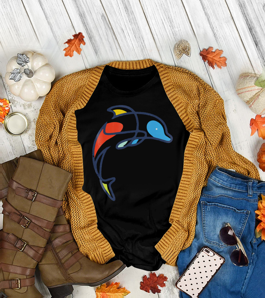 Colorful Funny Dolphin Design with Vibrant Abstract Elements T-Shirt