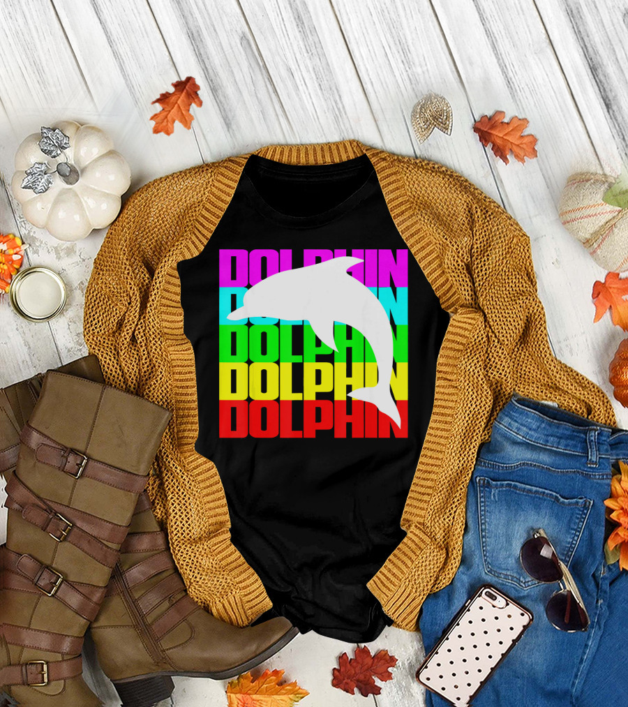 DOLPHIN COLORFUL SILHOUETTE MULTICOLOR BLOCK LETTERS T-Shirt