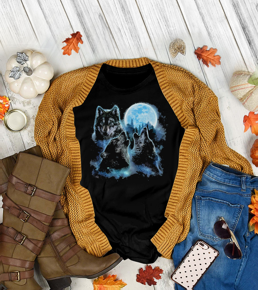 Three Wolves Howling Under Icy Full Moon Night Sky T-Shirt