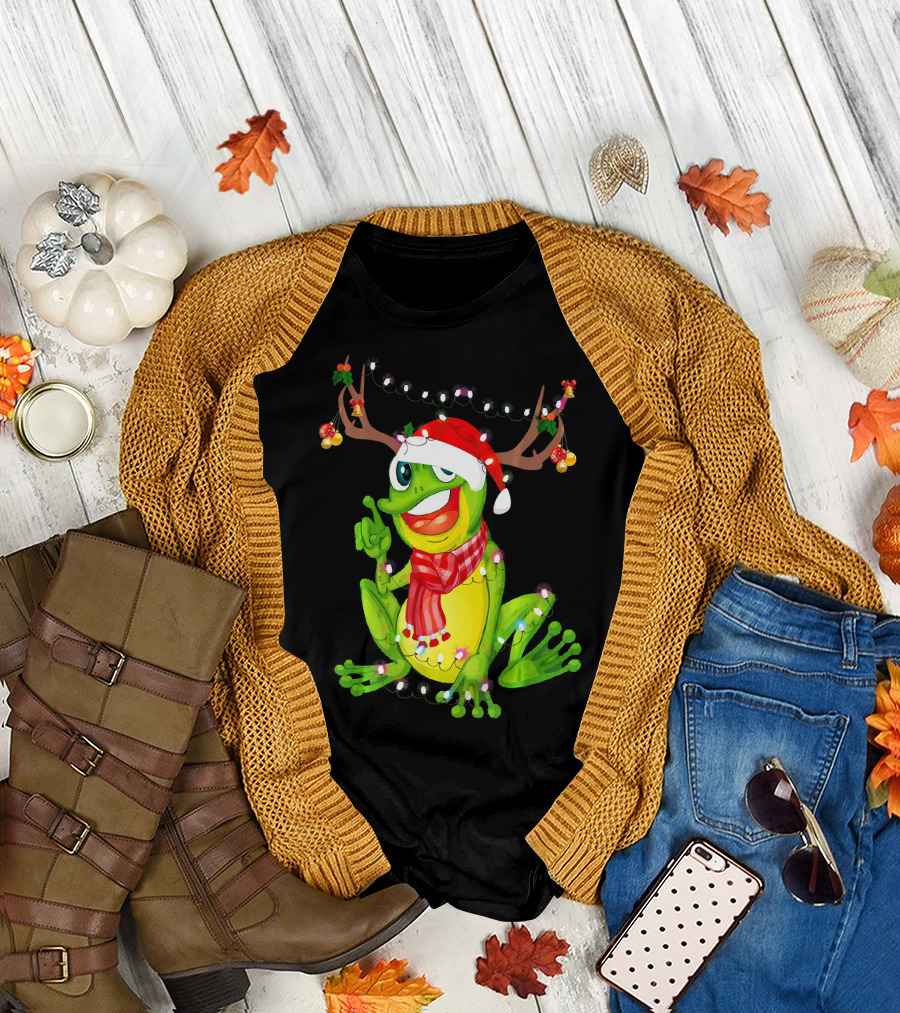 Santa Frog Reindeer Antlers Christmas Lights Festive Scarf T-Shirt