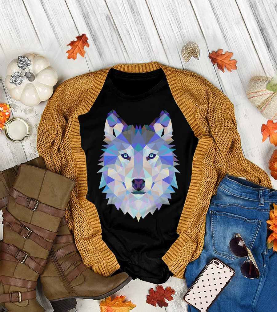 Polygonal Triangular Wolf Head Geometric Abstract Colorful T-Shirt