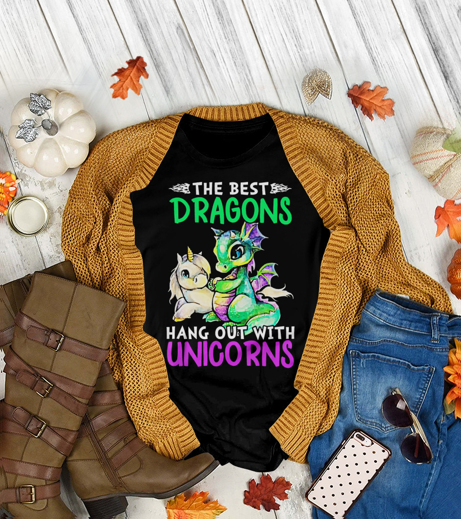 The Best Dragons Hang Out With Unicorns Colorful Cartoon Scene T-Shirt