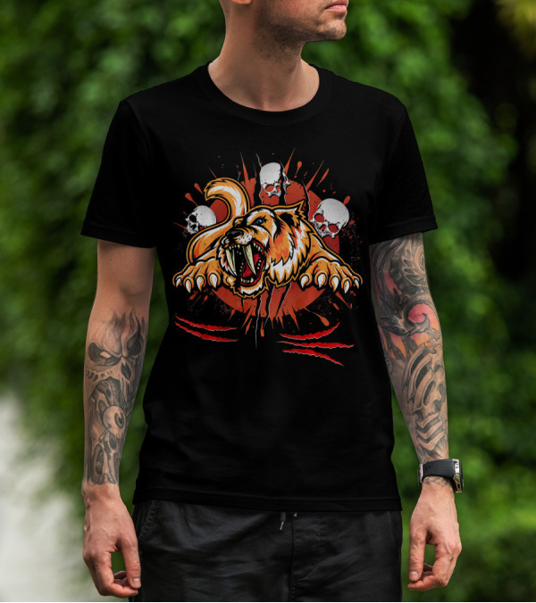 Sabertooth Tiger Claws Roaring With Skulls And Red Splatter Elements Science T-Shirt