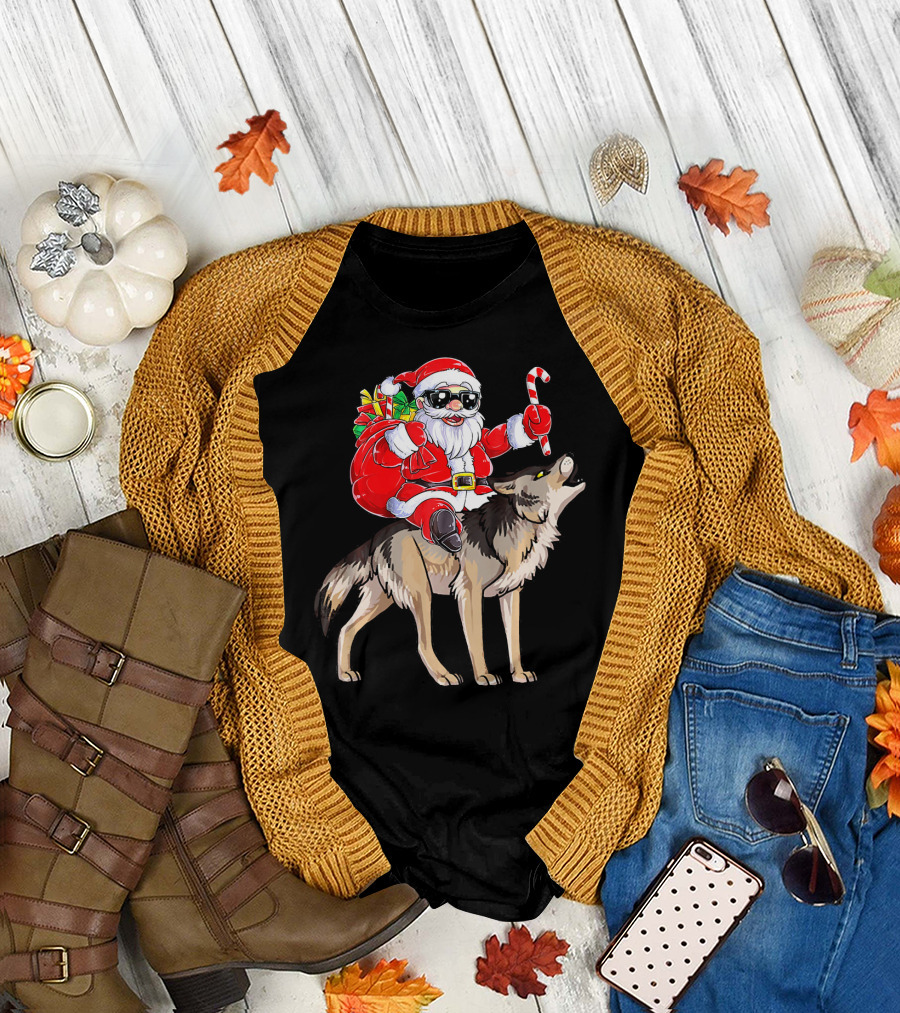 Santa Claus with Sunglasses Riding Wolf Holding Candy Cane T-Shirt