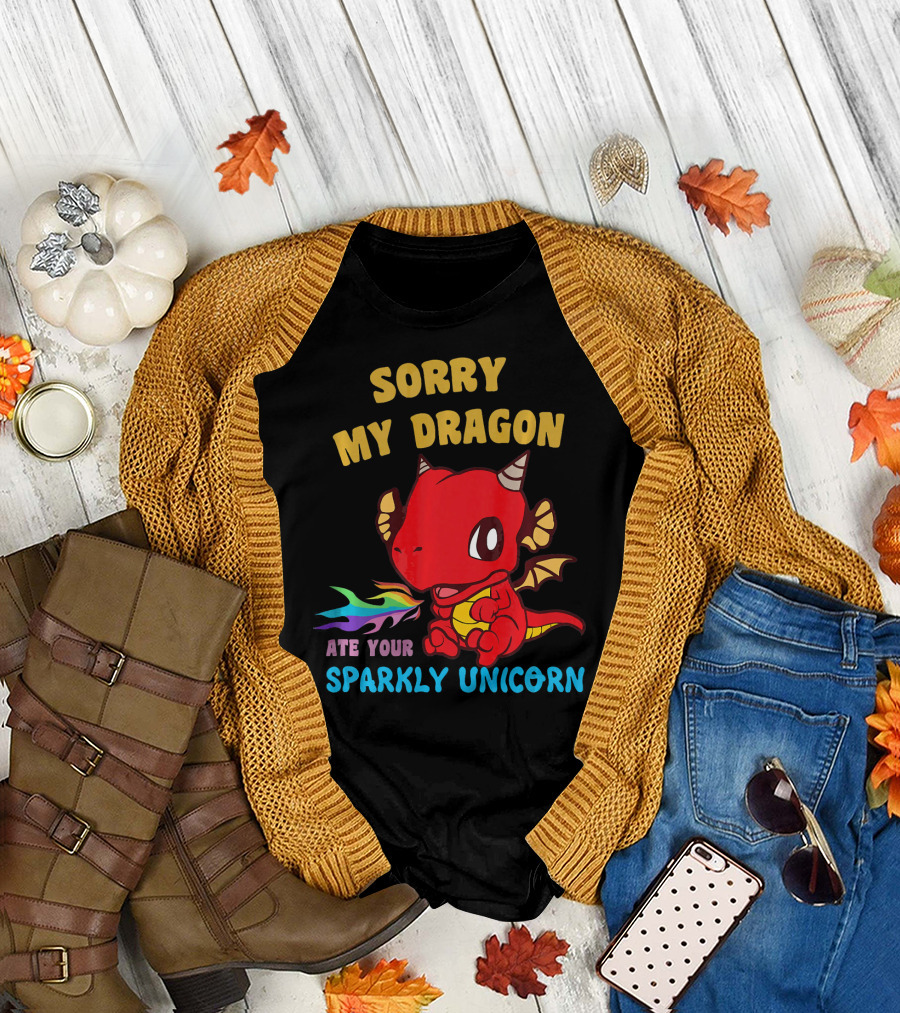 Sorry My Dragon Ate Your Sparkly Unicorn Cute Red Dragon with Rainbow Flames T-Shirt