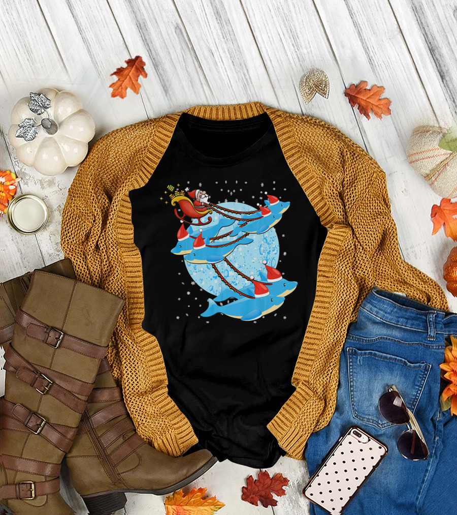 Santa Riding Dolphins Sleigh Christmas Fun T-Shirt