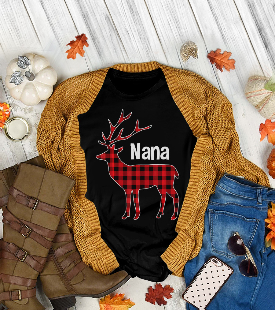 Red Plaid Nana Reindeer Buffalo Check Deer T-Shirt