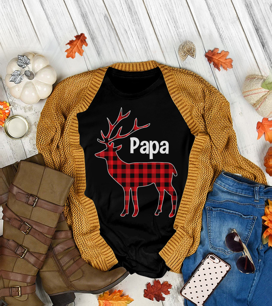 Red Plaid Buffalo Check Papa Reindeer Deer Chr T-Shirt