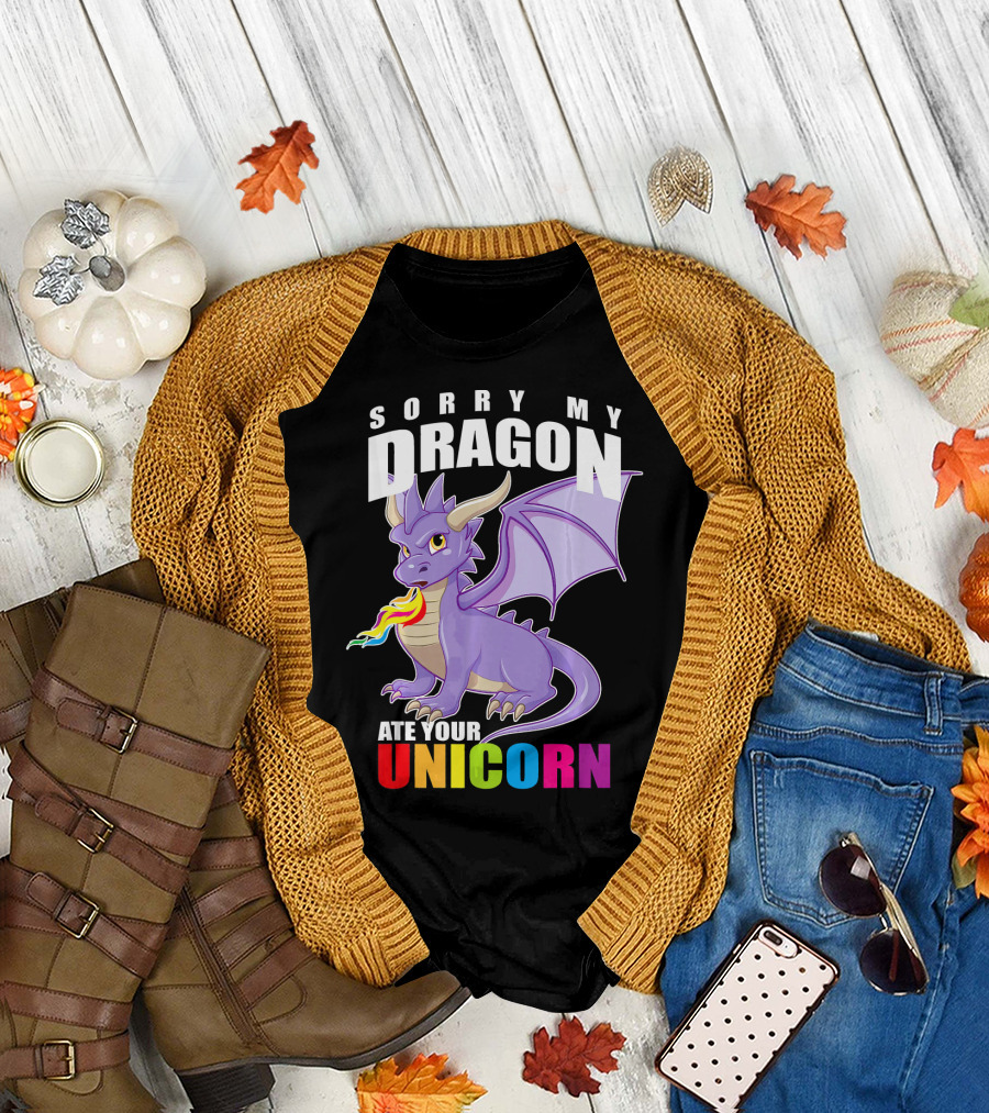 SORRY MY DRAGON ATE YOUR UNICORN ANGRY PURPLE DRAGON WITH RAINBOW FLAME TEXT T-Shirt