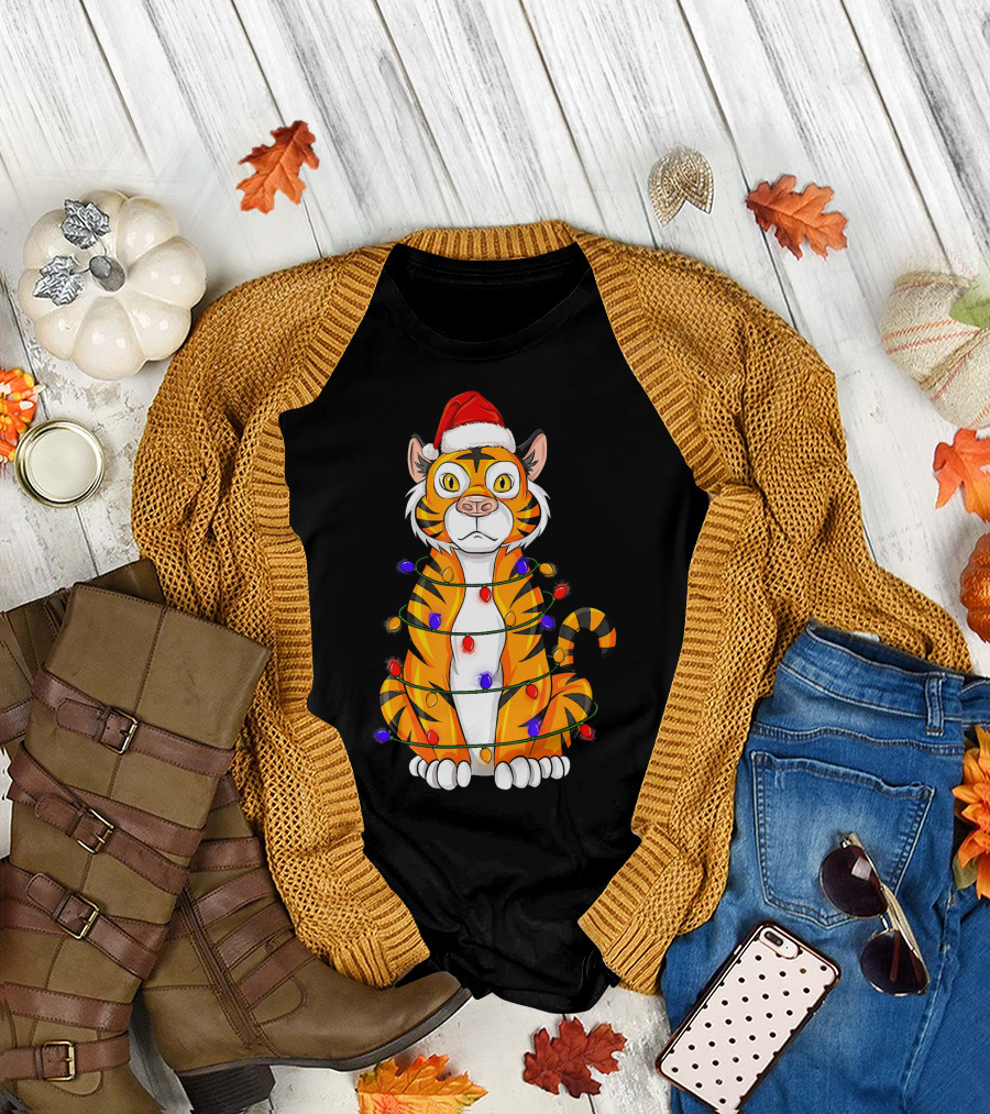 Tiger Wrapped in Christmas Lights with Santa Hat T-Shirt