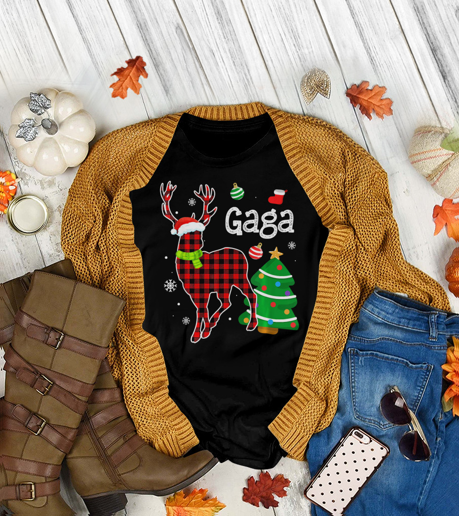 Gaga Red Plaid Deer Christmas Tree Buffalo Matching Fam T-Shirt