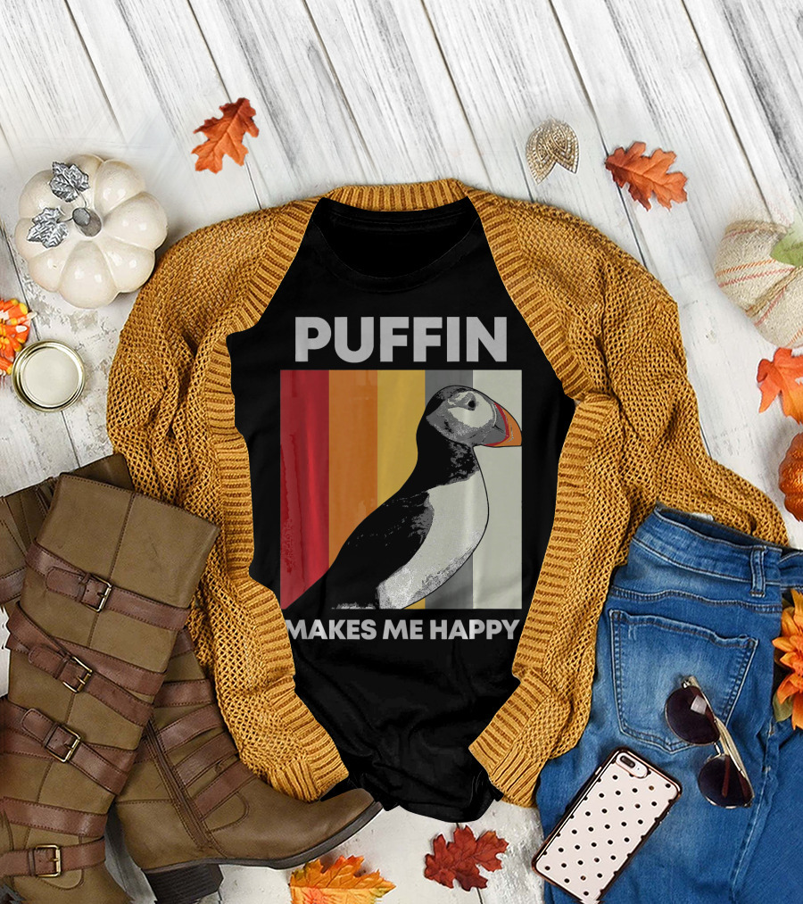 Puffin Makes Me Happy Retro Puffin T-Shirt