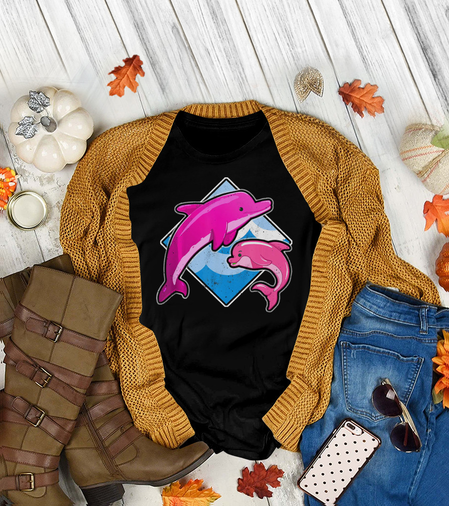 Pink Dolphin and Baby Swimming Cute Animal Ocean Waves T-Shirt