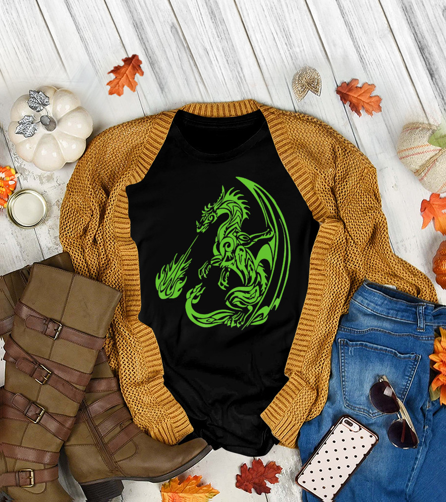 Green Fire Breathing Dragon Tribal T-Shirt