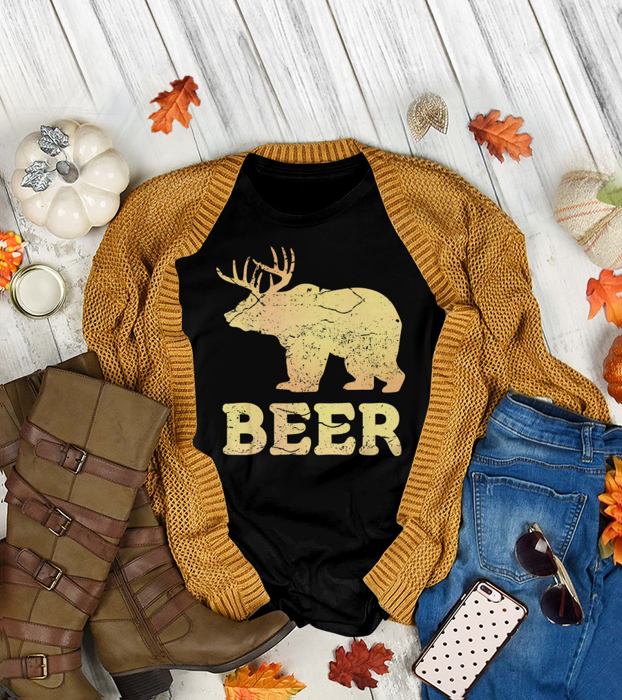 Vintage Bear Deer Antler Silhouette Beer T-Shirt