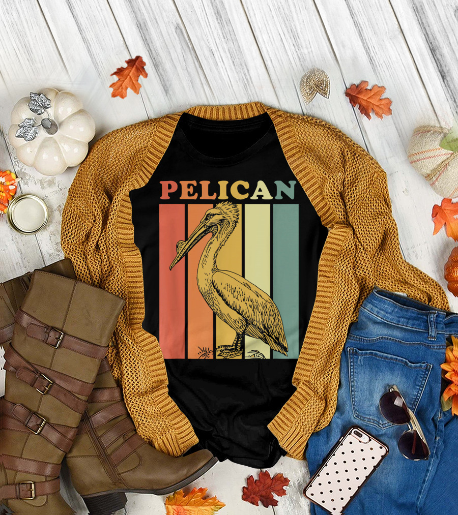 Pelican Retro Sunset Stripes Bird T-Shirt