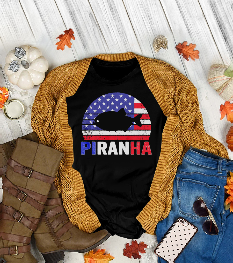 Piranha American Flag Stars and Stripes 4th of July T-Shirt