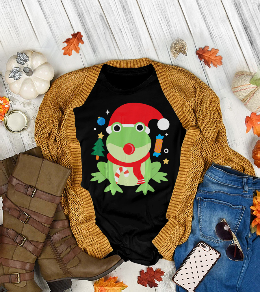 Santa Frog Christmas Candy Tree Funny Cute T-Shirt