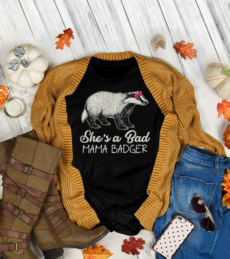She's a Bad Mama Badger Wearing Pink Polka Dot Bow T-Shirt