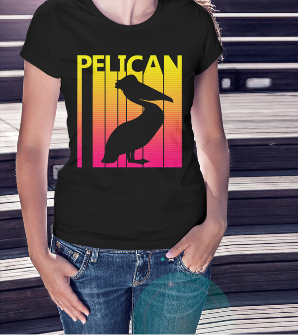 Pelican Silhouette Against Vibrant Sunset Stripes T-Shirt
