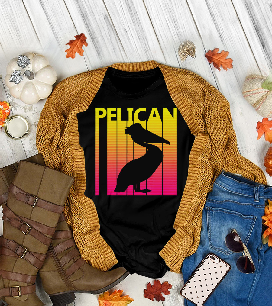 Pelican Silhouette Against Vibrant Sunset Stripes T-Shirt