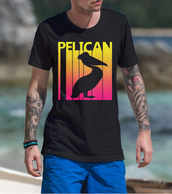 Pelican Silhouette Against Vibrant Sunset Stripes T-Shirt