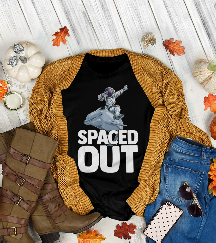 Spaced Out Astronaut Riding Dolphin in Outer Space T-Shirt