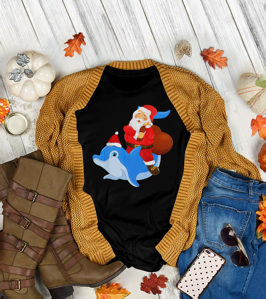 Santa Claus Riding a Blue Dolphin with Sack of Gifts T-Shirt