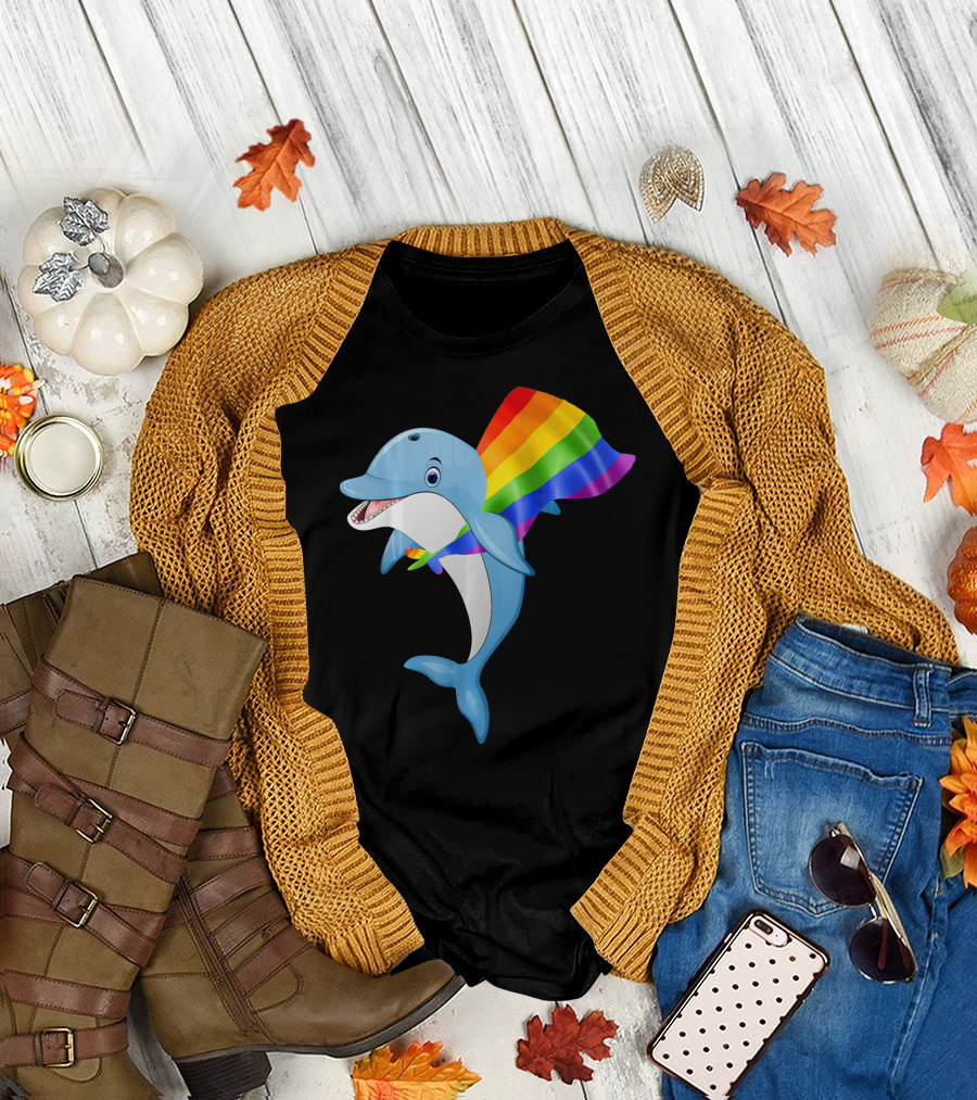 Vintage Dolphin with Gay Pride Rainbow Flag Cape T-Shirt