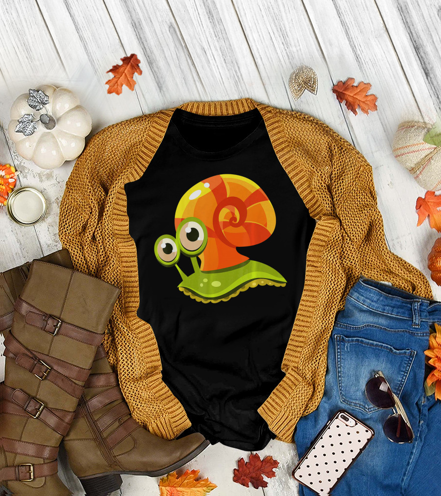 Snail Cartoon Illustration Orange Shell Bright Eyes T-Shirt