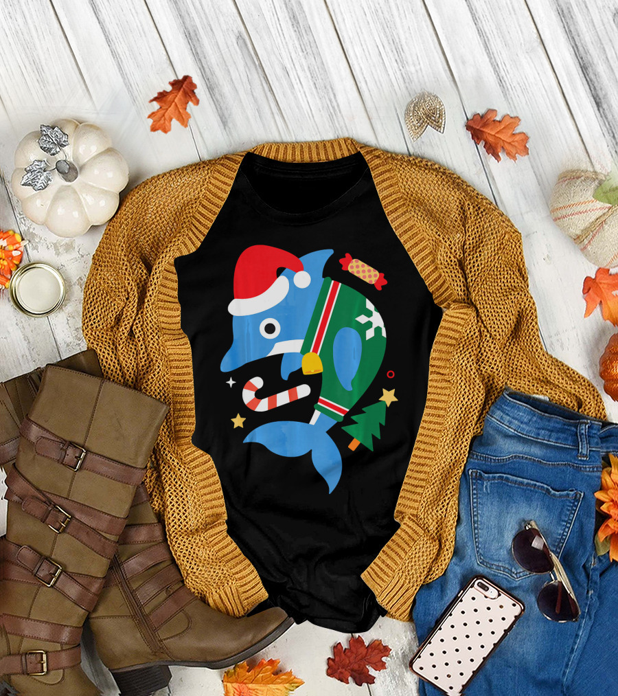 Santa Dolphin Funny Cute Girl Holiday Christmas Elements T-Shirt