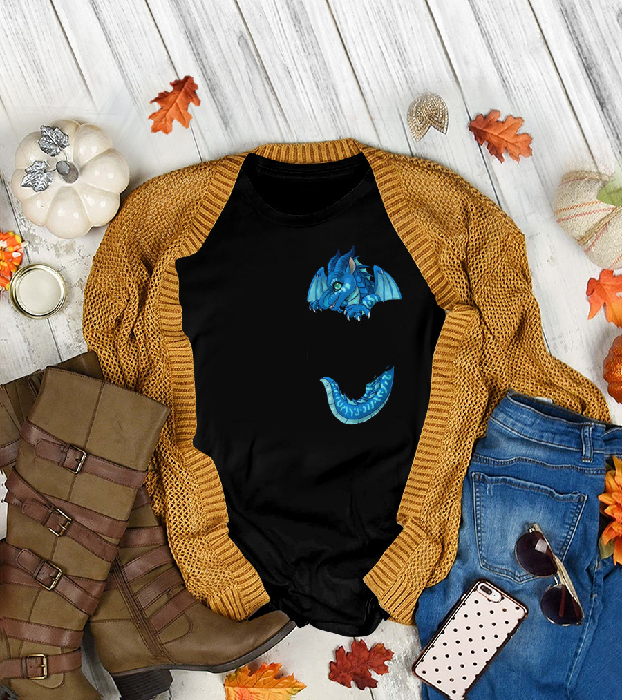 Pocket Tsunami Dragon Cute Blue Fantasy T-Shirt