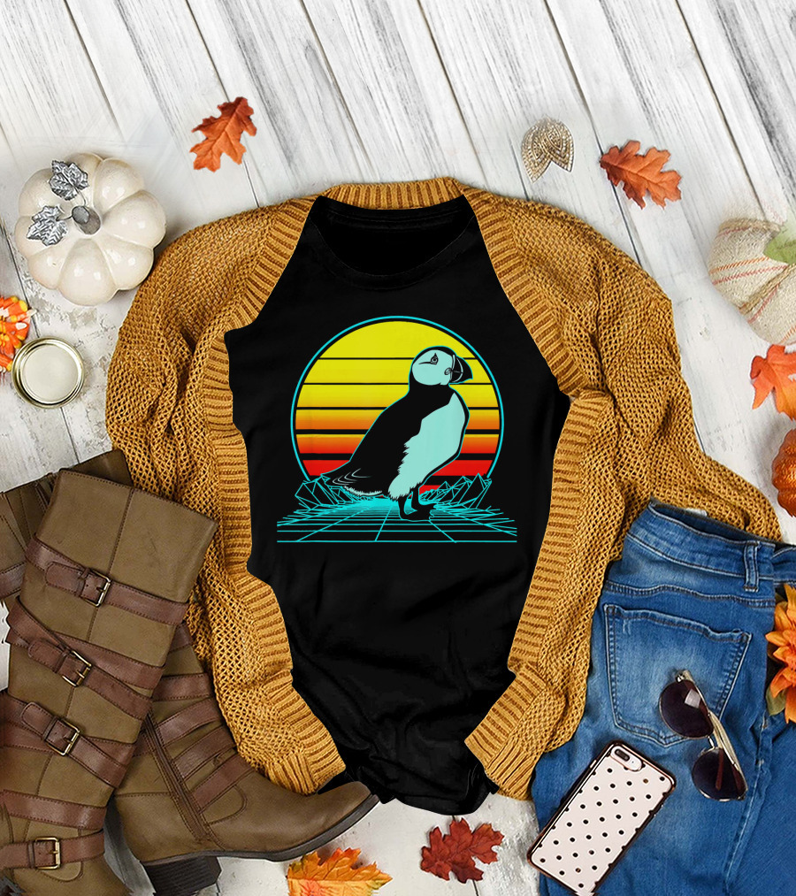 Retro Puffin Neon Synthwave Sunset Horizon T-Shirt