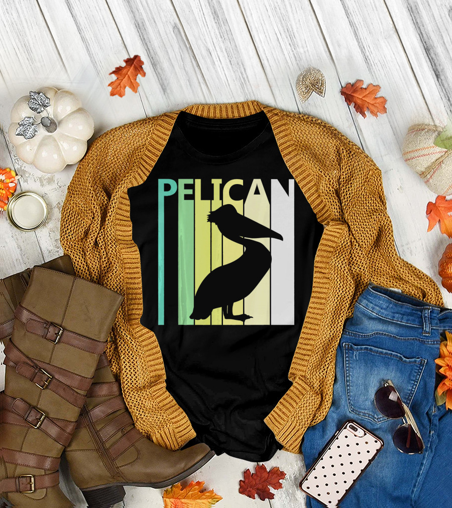 Pelican Bird Lover Silhouette Retro Stripes T-Shirt