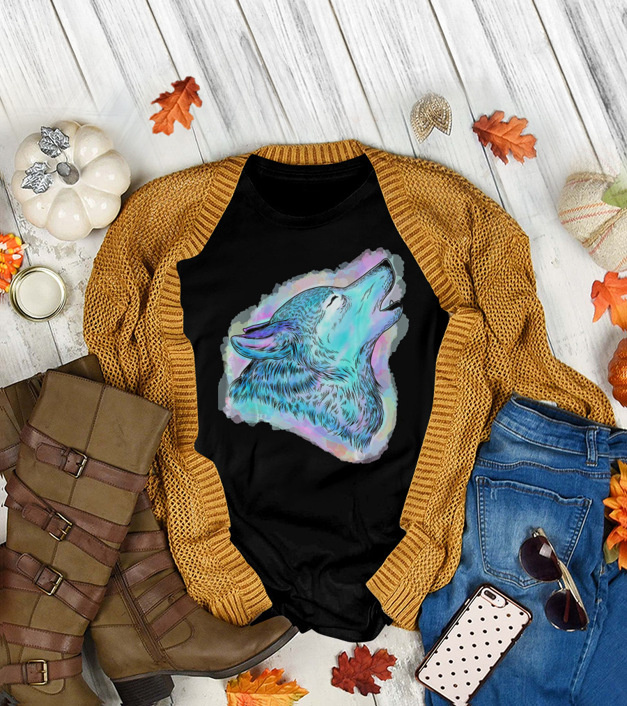 Watercolor Wolf Howling Love T-Shirt