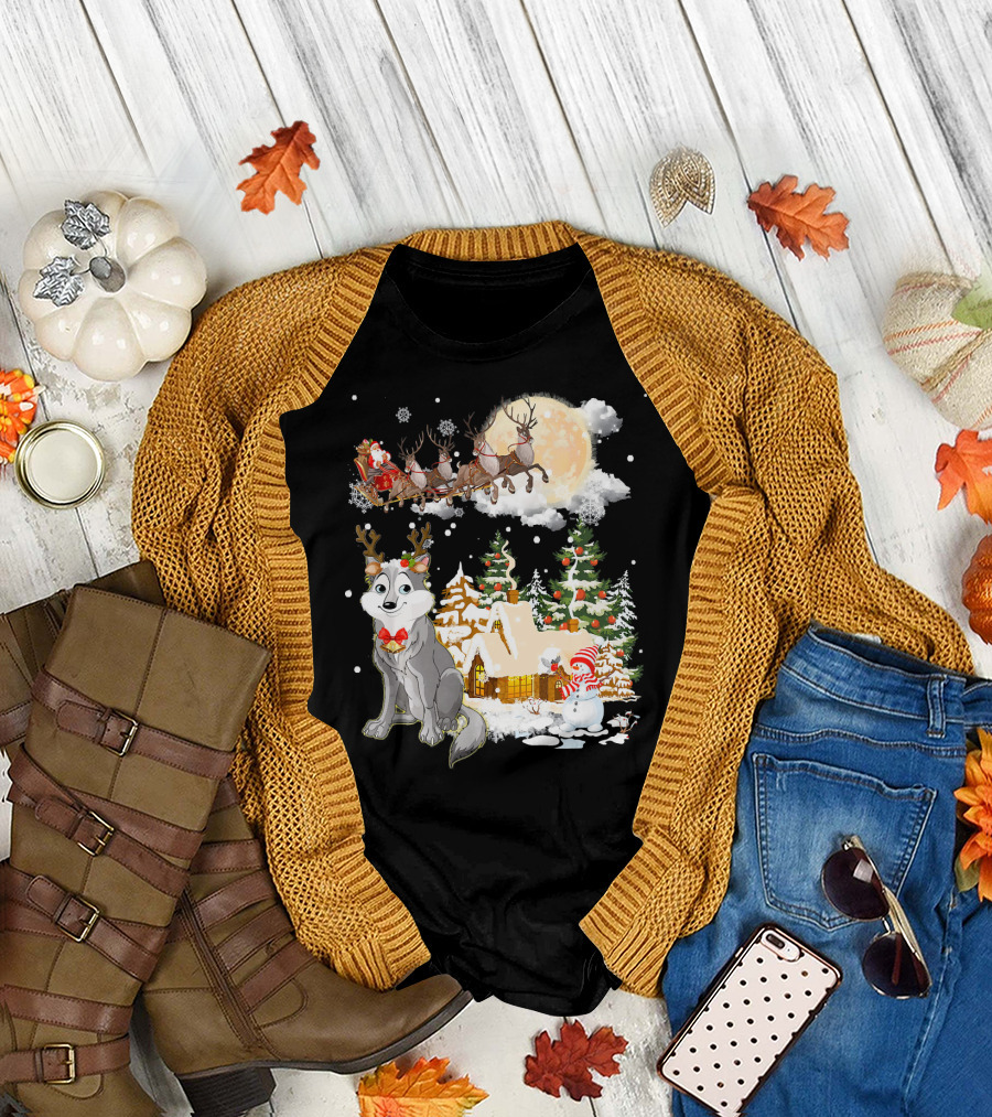 Santa's Sleigh and Wolf in Christmas Town Wonderland T-Shirt