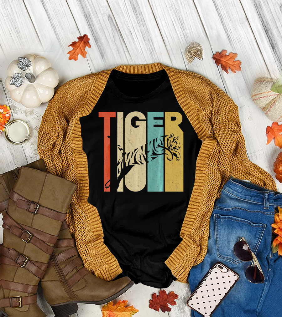 Vintage Retro Tiger Striped Leaping Silhouette Over Bold Multicolored Letters T-Shirt