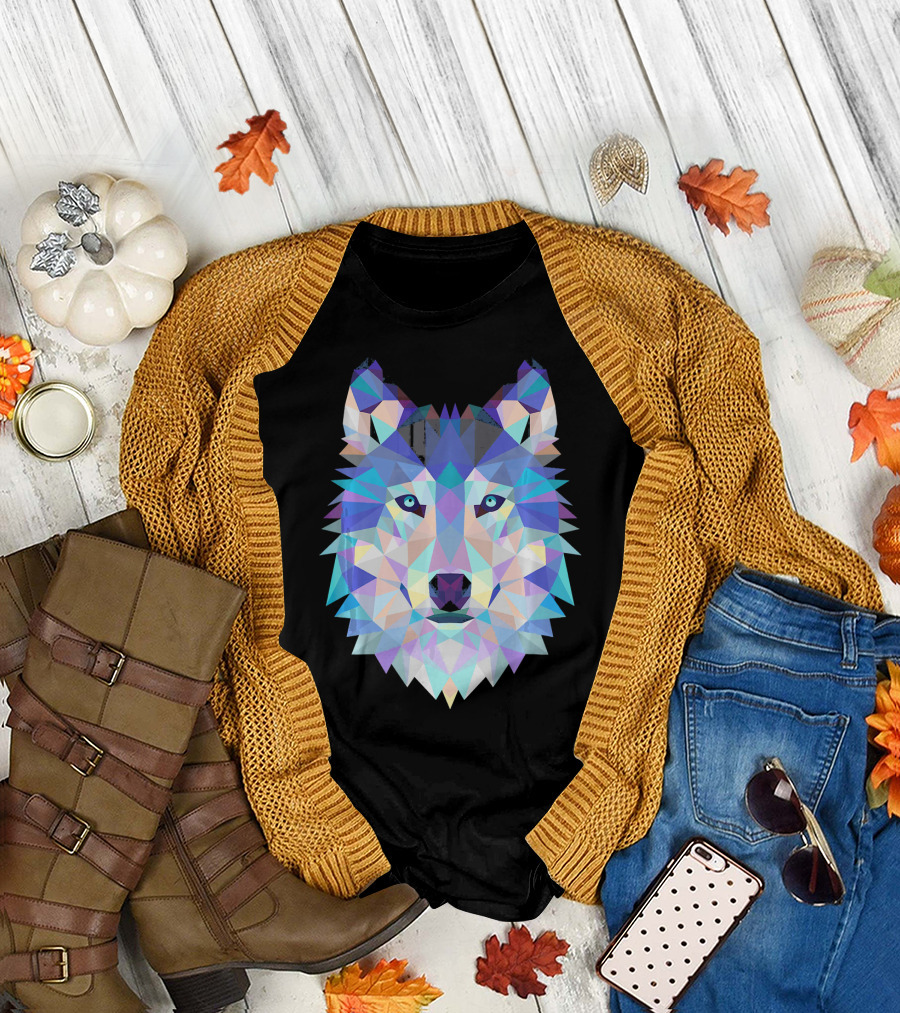 Wolf Geometric Howling Moon Animal Polygon Face T-Shirt