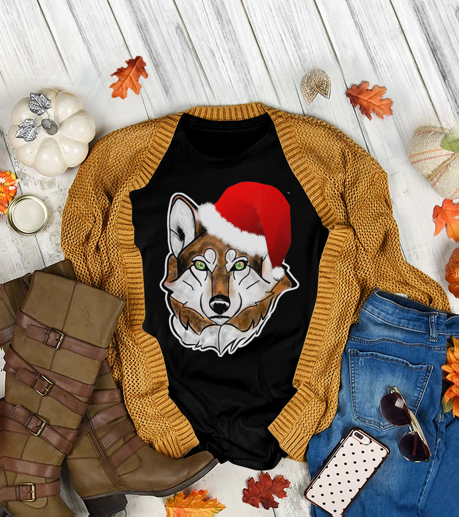Wolf with Santa Hat T-Shirt
