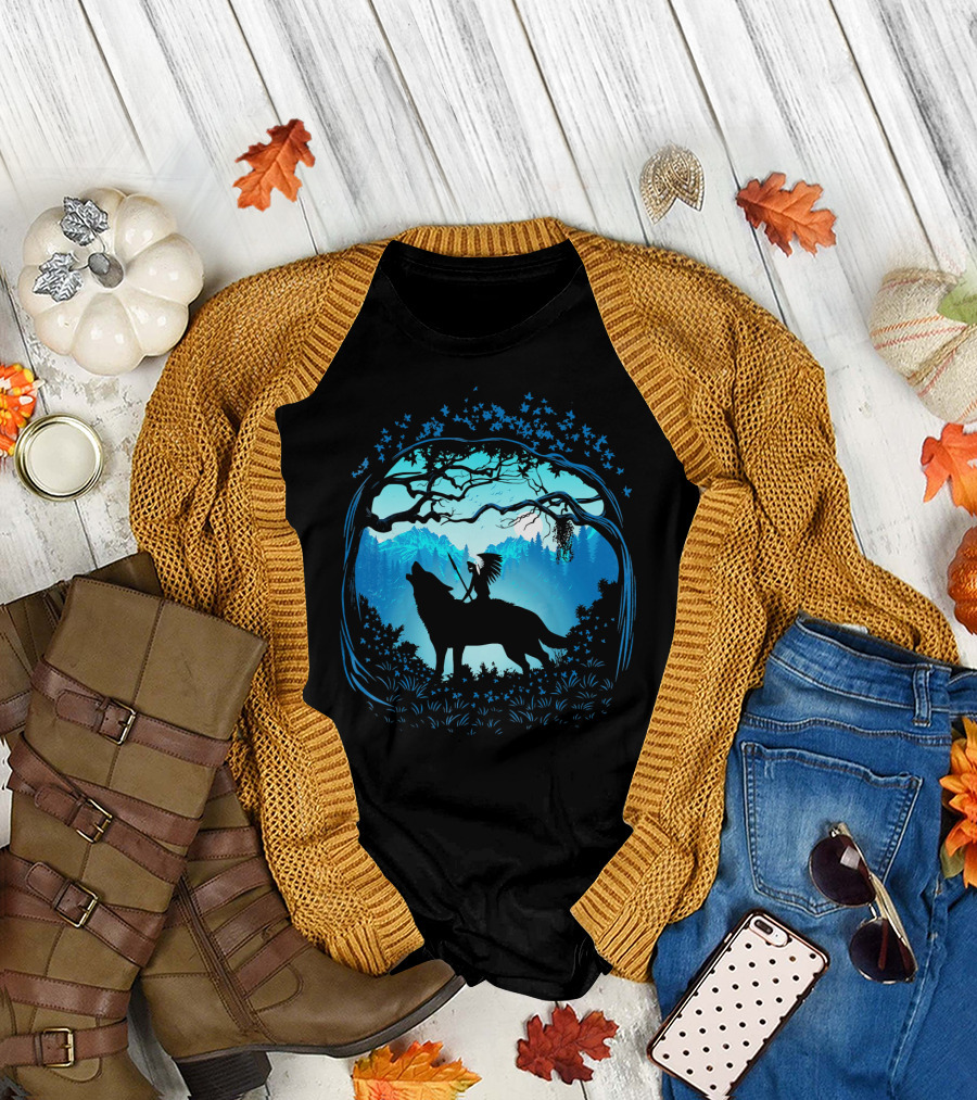 Wolf Forest American Indian Girl Silhouette Under Stars T-Shirt