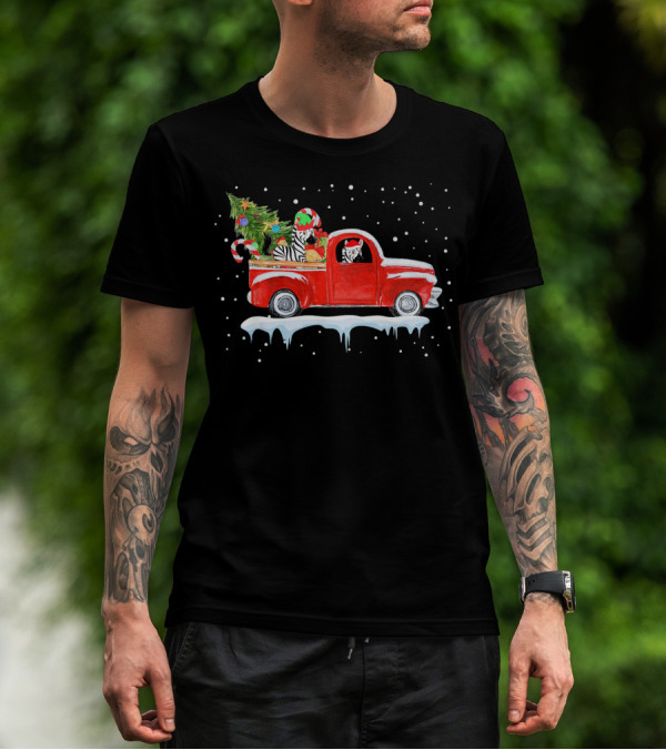 Christmas Zebra In Red Truck With Festive Tree And Gifts T-Shirt