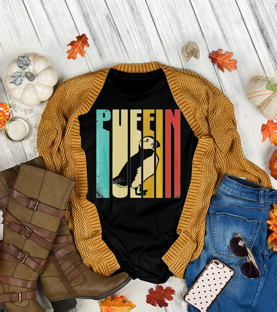 Retro Style Puffin Vertical Color Stripes T-Shirt
