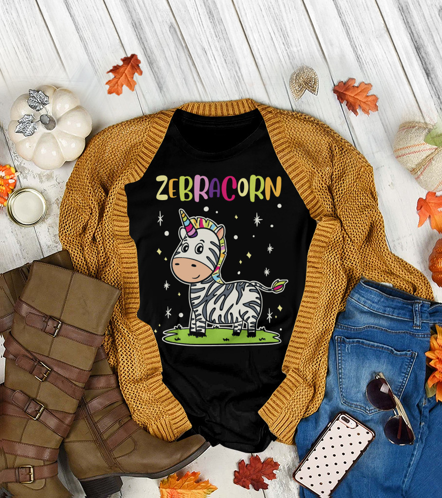 Zebracorn Zebra Unicorn Cute Fantasy Creature with Rainbow Horn and Stars T-Shirt