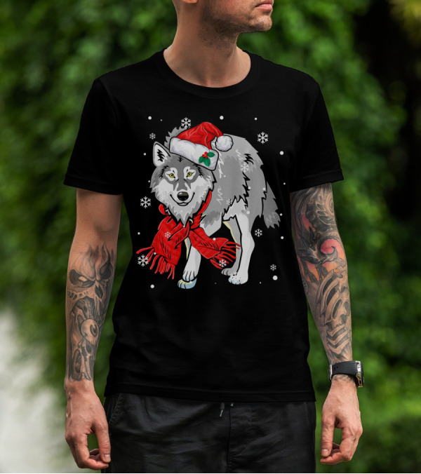 Wolf Wearing Santa Hat And Red Scarf With Snowflakes T-Shirt