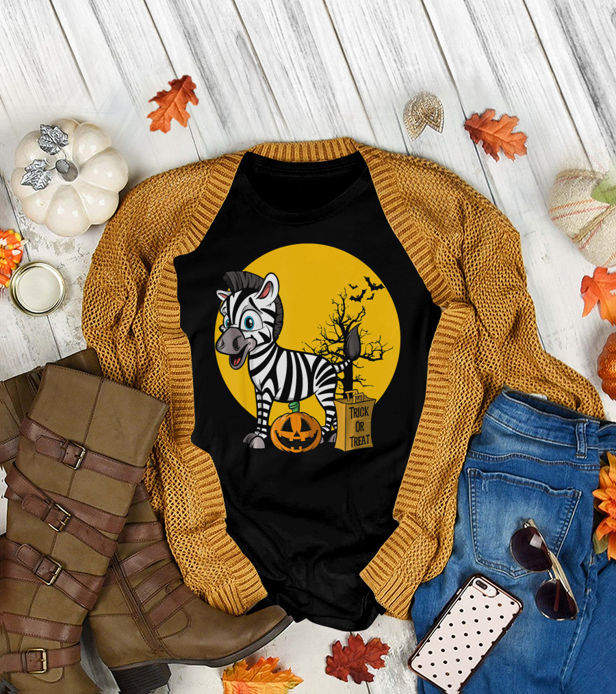 Zebra Halloween Trick or Treat Pumpkin and Bats T-Shirt