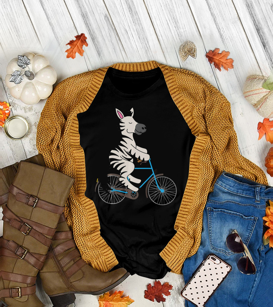 Zebra on Bike Black White Stripe Biking Riding Bicycle T-Shirt